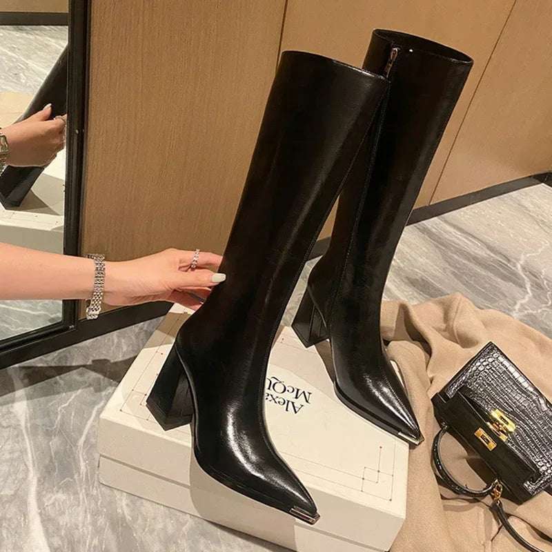 Pointed Toe Women's High Boots – Fashionable Side Zipper Long Booties, Elegant Party High Heel Shoes for Winter