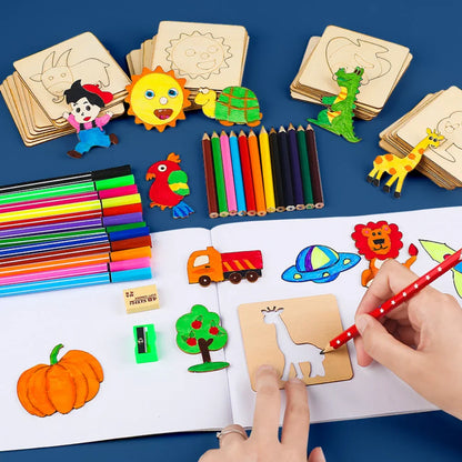20pcs Montessori Wooden Drawing Toys – DIY Painting Template Stencils, Educational Learning Gift for Children