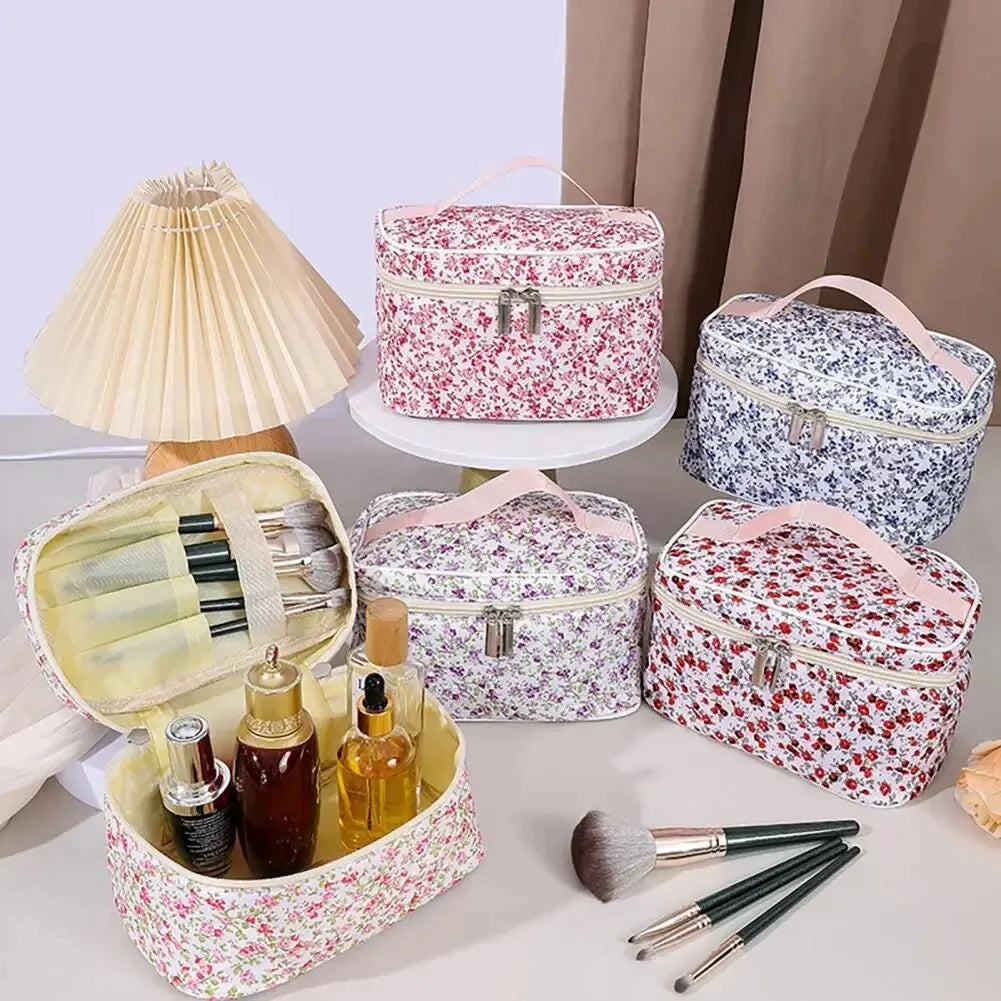 Cotton Floral Cosmetic Pouch – Dual Zipper Makeup Organizer, Portable Travel Storage & Wash Bag