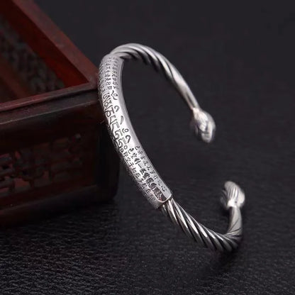 Retro Tibetan Six-Character Mantra Bracelet — Silver Plated Lotus Cuff for Men