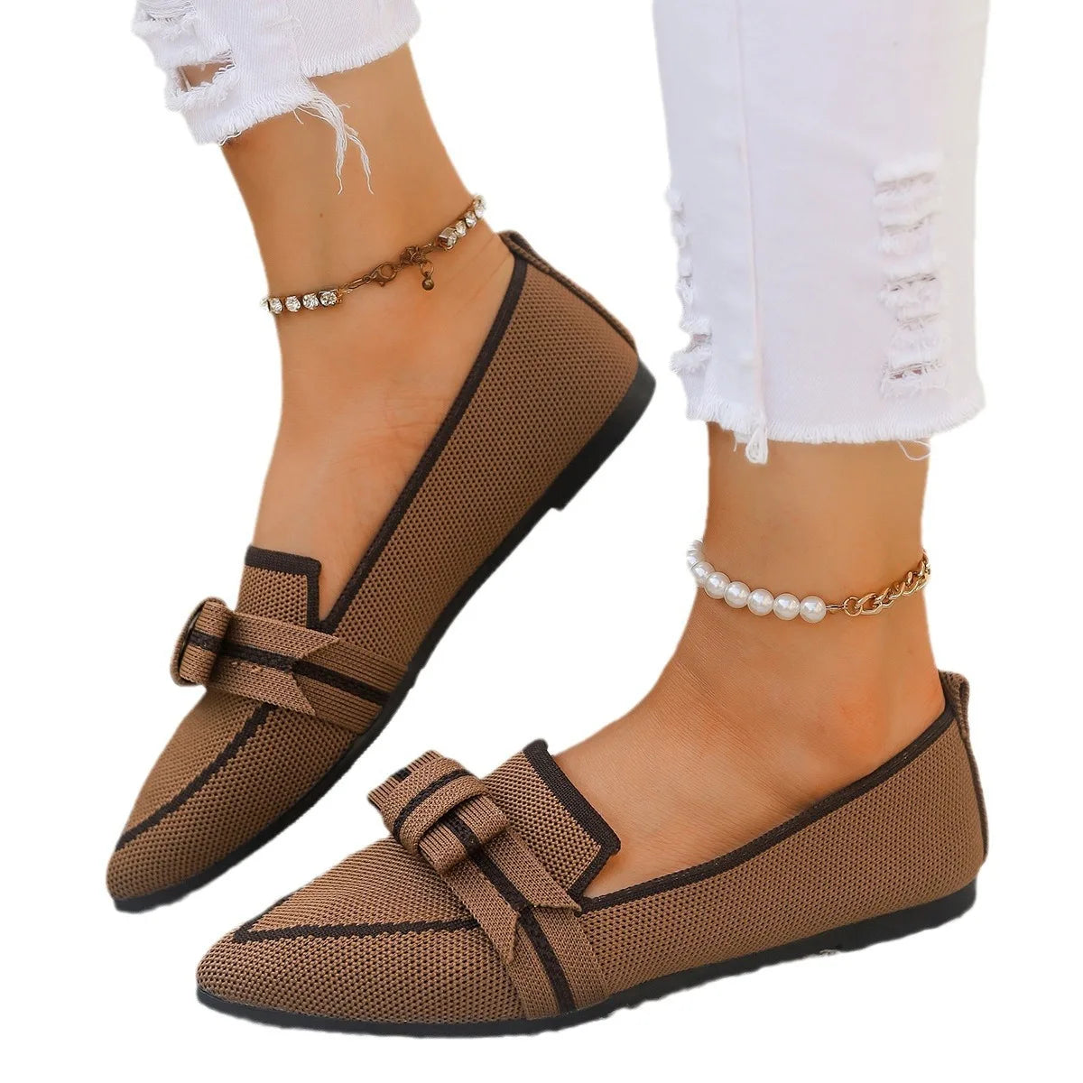 2024 Women’s Knitted Flats – Breathable Slip-On Pointed Toe Loafers, Comfortable Casual Walking Shoes in Solid Colors
