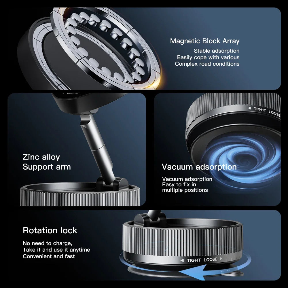 Vacuum Suction Magnetic Phone Holder – 360° Rotating Hands-Free Foldable Car & Smooth Surface Mount