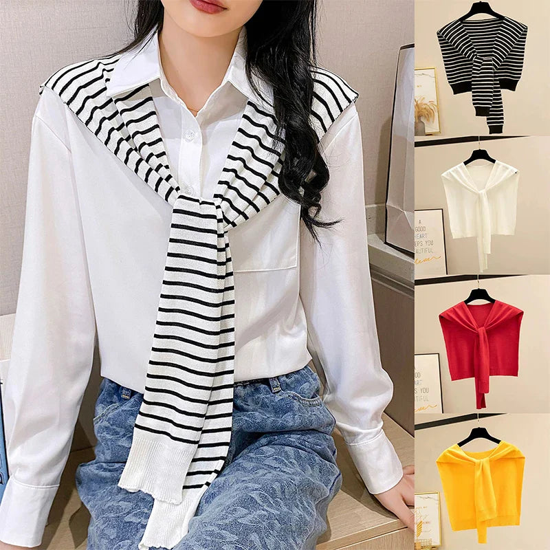 Striped Knitted Shawl Scarf – Warm Winter Cape with Fake Collar for Women