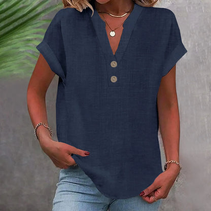 Women’s Summer Cotton Linen V-Neck Button Down Shirt – Breathable Casual Office Top in Solid Colors