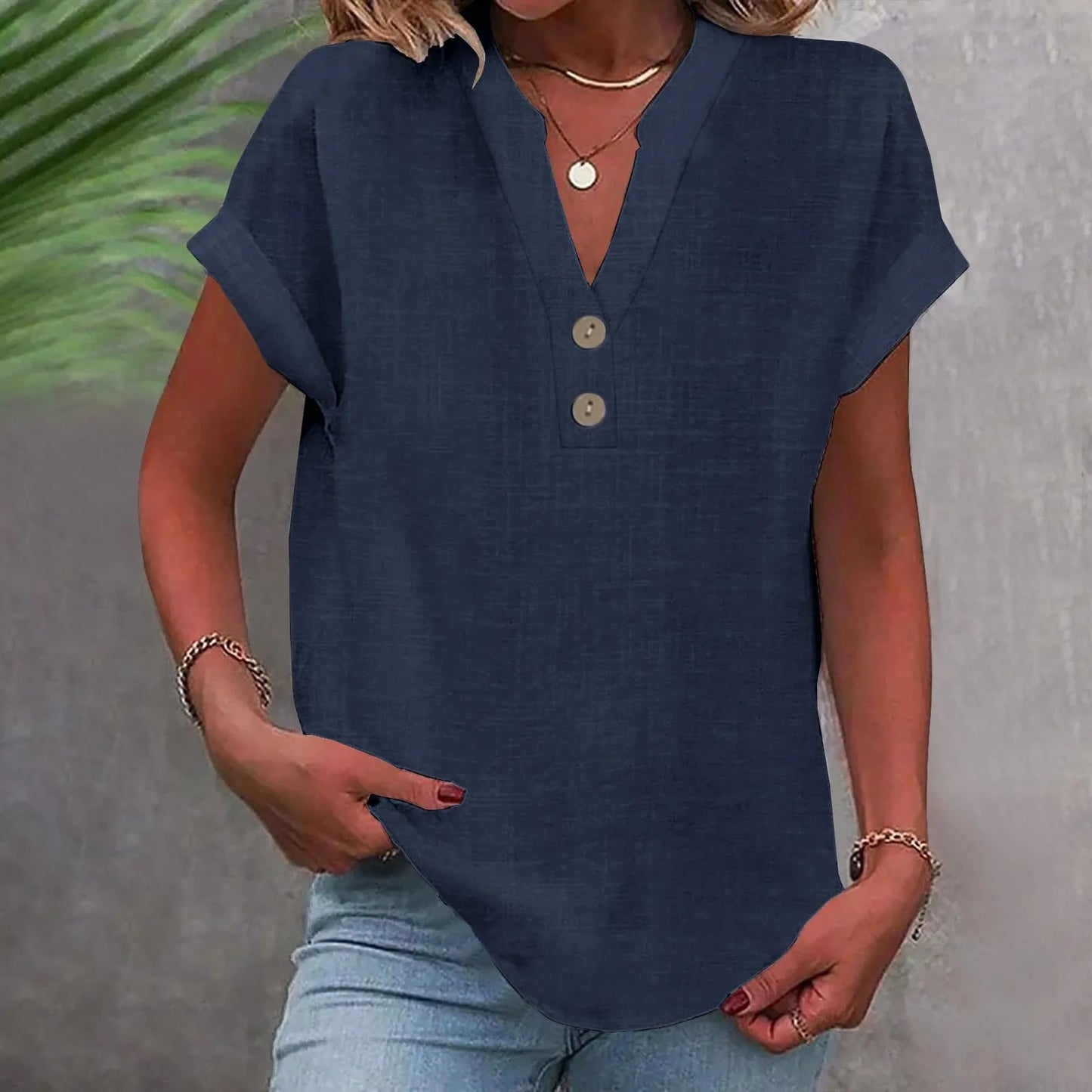 Women’s Cotton Linen Button-Down V-Neck Shirt – Breathable Solid Color Summer Office Casual Top 2025