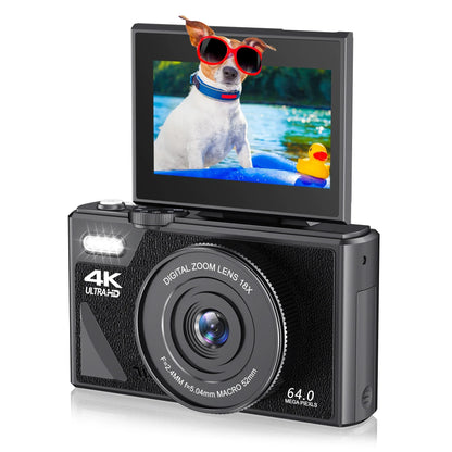 4K Camera for Photography – 18X Digital Zoom, 64MP Vlogging Camcorder, 3'' Flip Screen, WIFI Selfie Webcam for YouTube