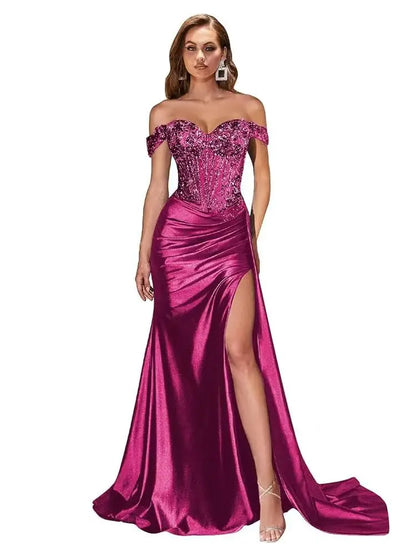 Women’s Dark Navy Off-Shoulder Prom Dress — Sweetheart Beaded Lace Corset Evening Gown with High Side Slit 2025