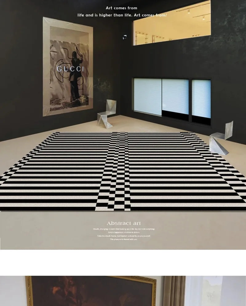 Light Luxury Black & White Plaid Rug — Fluffy Soft Carpet for Bedroom, Living Room, Study, and Home Decor