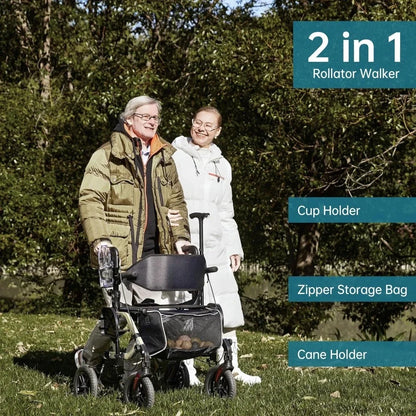 Champagne All-Terrain 2-in-1 Rollator Walker & Transport Chair – 10” Non-Pneumatic Wheels with Reversible Backrest and Detachable Seat