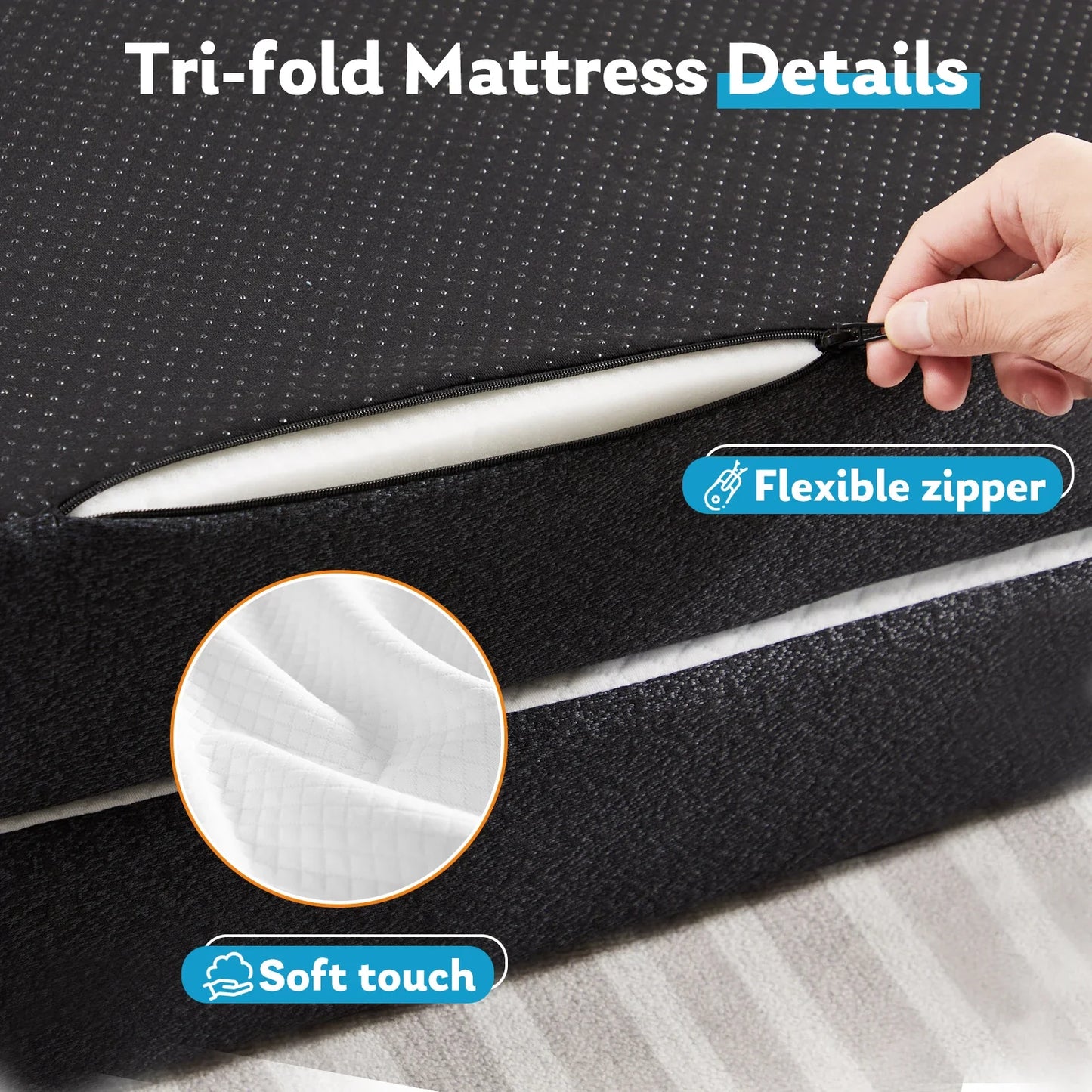 Three-Fold Portable Floor Bed – CertiPUR-US Certified, Soft Touch, Flexible Zipper for Travel, Camping & Yoga