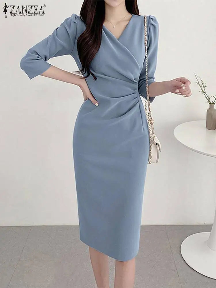 Women’s V-Neck Bodycon Dress - Ruched Waist Knee-Length Elegant Party & Office Wear