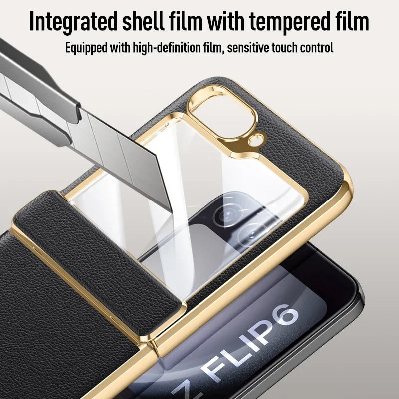 Electroplated Leather Case for Samsung Galaxy Z Flip 6/5 – Skin-Friendly Shockproof Hinge Cover with Tempered Film