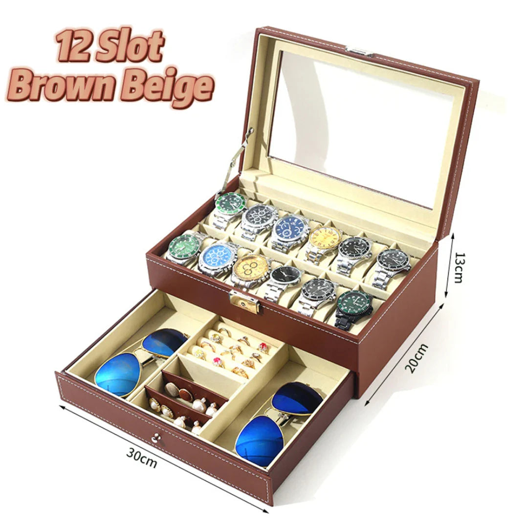 2024 12-Slot Leather Watch Storage Box — Lockable 2-Tier Organizer & Jewelry Display Drawer for Men & Women