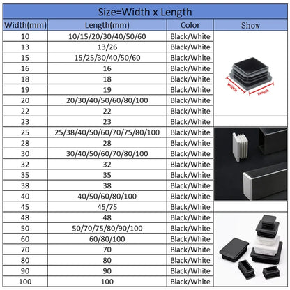 Black Square Tube End Caps - Plastic Blanking Plugs for Furniture, Tables & Chairs 10-100mm