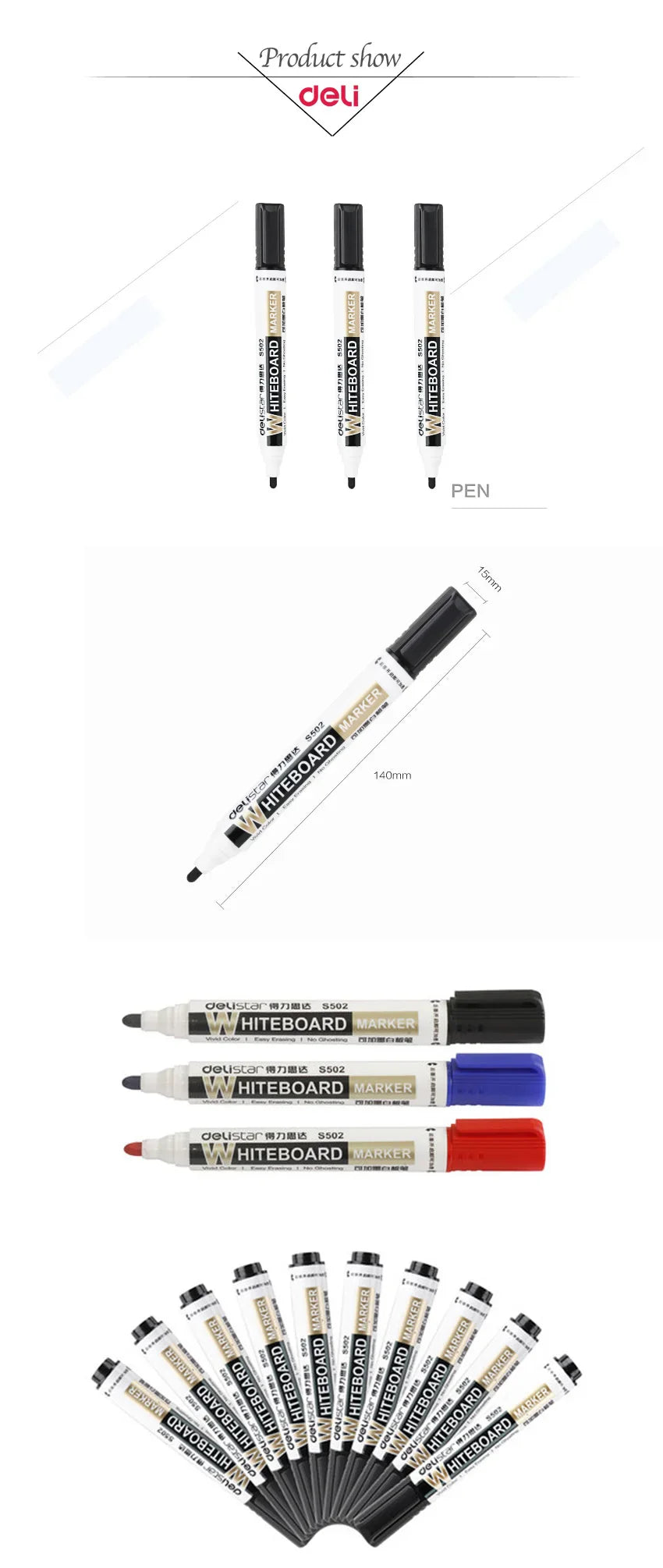 Deli Erasable Whiteboard Marker Pen Set – Dry Erase Office Marker with Ink Bottle, Blue/Black/Red for Whiteboard & Blackboard