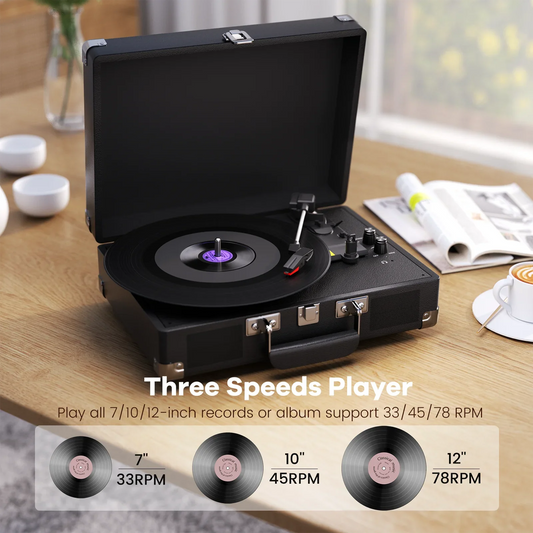 C210 Bluetooth Vinyl Record Player – 3-Speed Vintage Turntable with Speakers, RCA Line Out, AUX & Headphone Jack