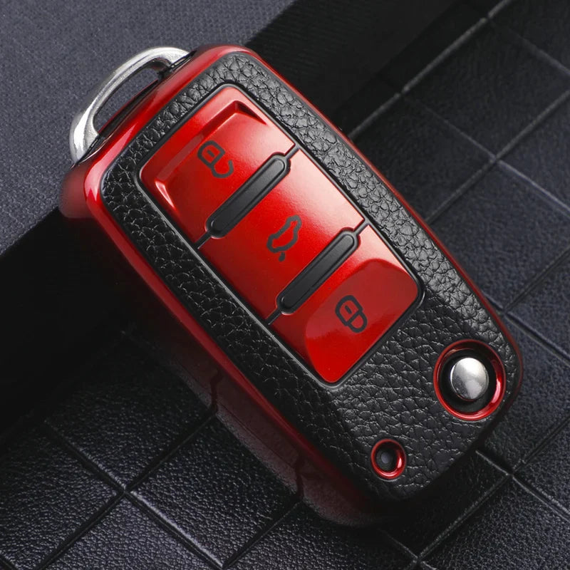 TPU Leather Car Key Case - Compatible with Volkswagen VW Bora, Polo, Tiguan, Jetta, Passat B5 B6 B7, Golf 5 6, Beetle, Skoda Octavia
