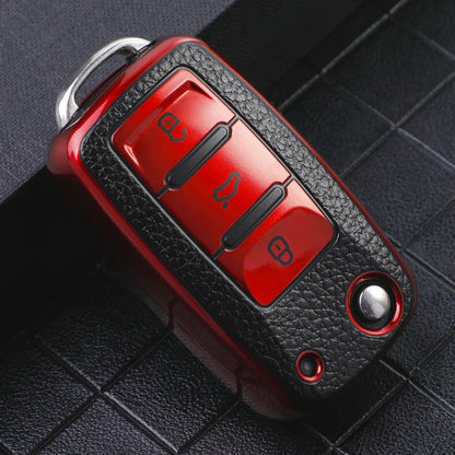 TPU Leather Car Key Case - Compatible with Volkswagen VW Bora, Polo, Tiguan, Jetta, Passat B5 B6 B7, Golf 5 6, Beetle, Skoda Octavia