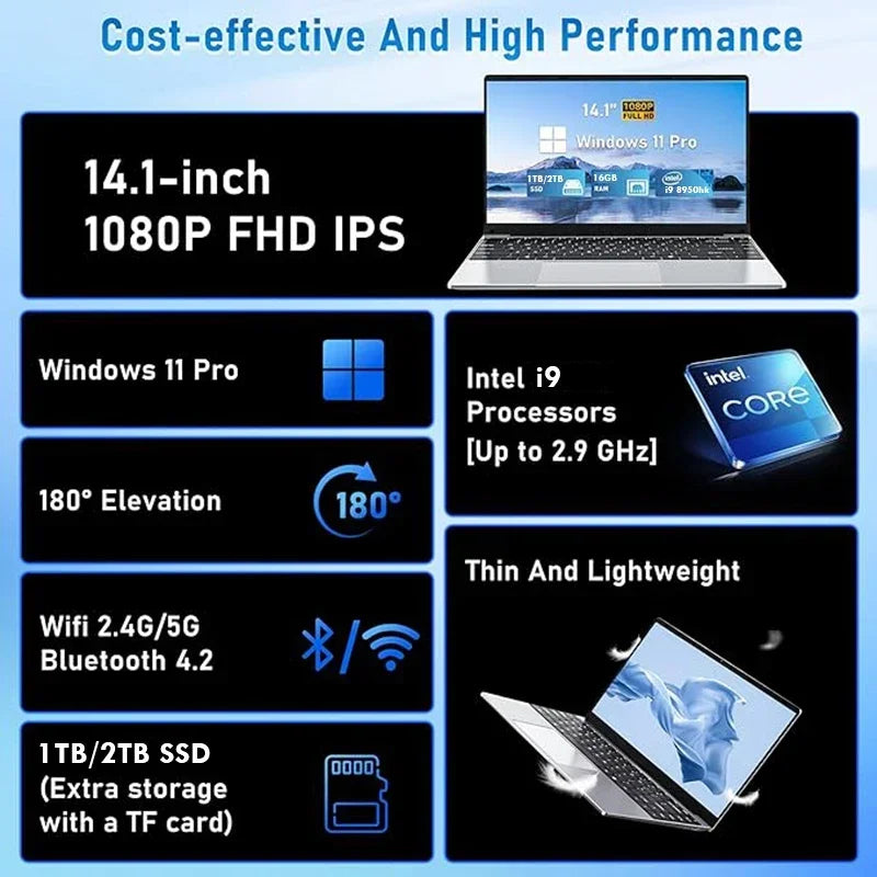 14.1" Portable Windows 11 Laptop – Intel Core i9-8950HK, 16GB RAM, 1TB/2TB SSD, HD Screen Notebook PC