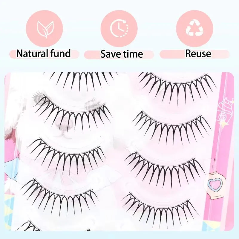 5 Pairs Manga False Eyelashes – Wispy Soft Cluster Lashes Natural Thick Clear Band Korean Anime Style Makeup Lashes