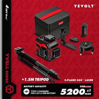 YEVOLT YVGLL4XS12 12-Line Green Laser Level – ±0.2mm/m Precision, IP54 Waterproof, Auto-Leveling with Slope Mode