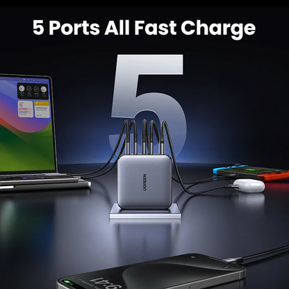 UGREEN 100W GaN 5-Port USB-C Charger – Fast Charger QC4.0/3.0 PPS for MacBook, Laptop, iPhone 16/15/14 Pro, Tablet