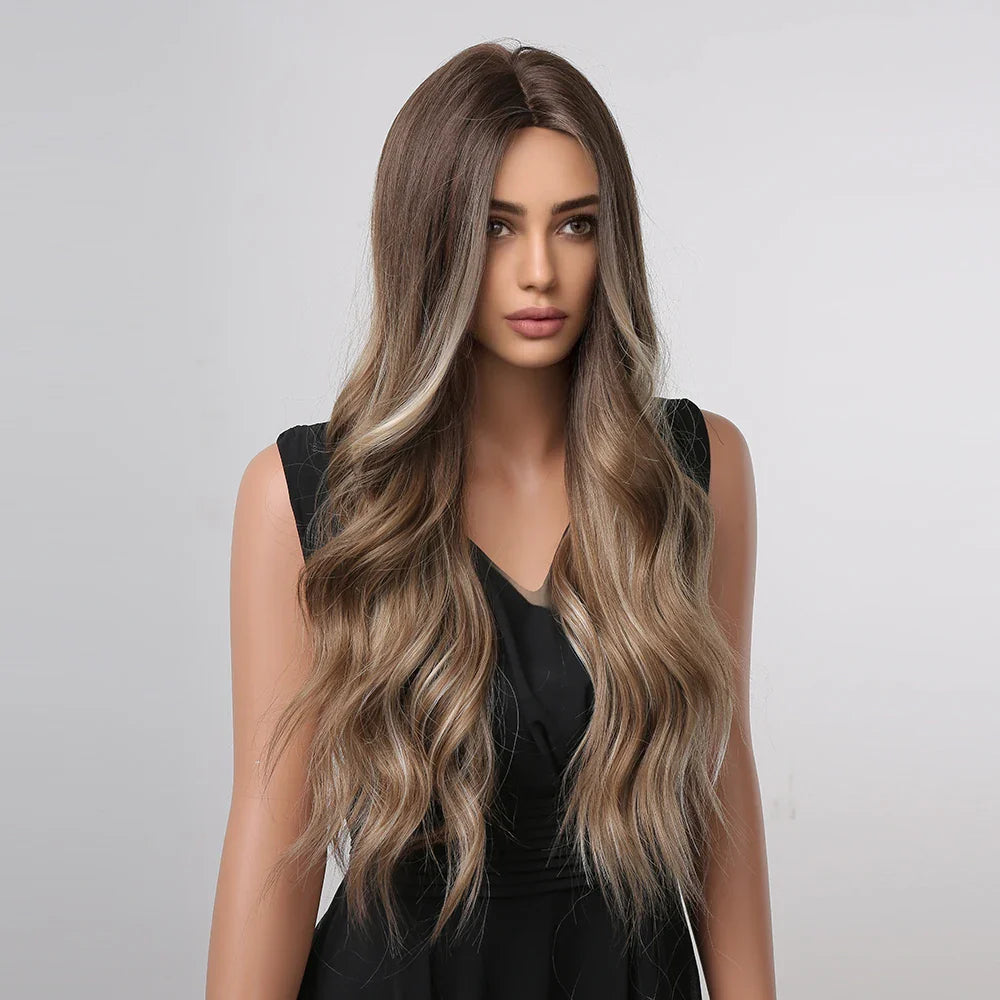 ALAN EATON Black Long Wavy Synthetic Wig – Natural Afro Hair, Middle Part, Heat-Resistant Fiber for Daily Use
