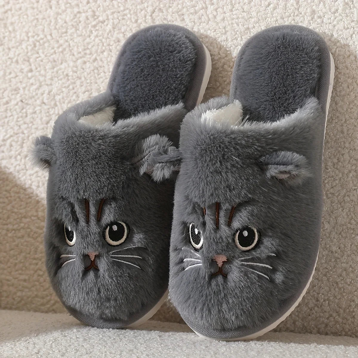 Women’s Plush Cat Slippers - Winter Warm Cozy Indoor House Shoes with Soft Non-Slip EVA Sole