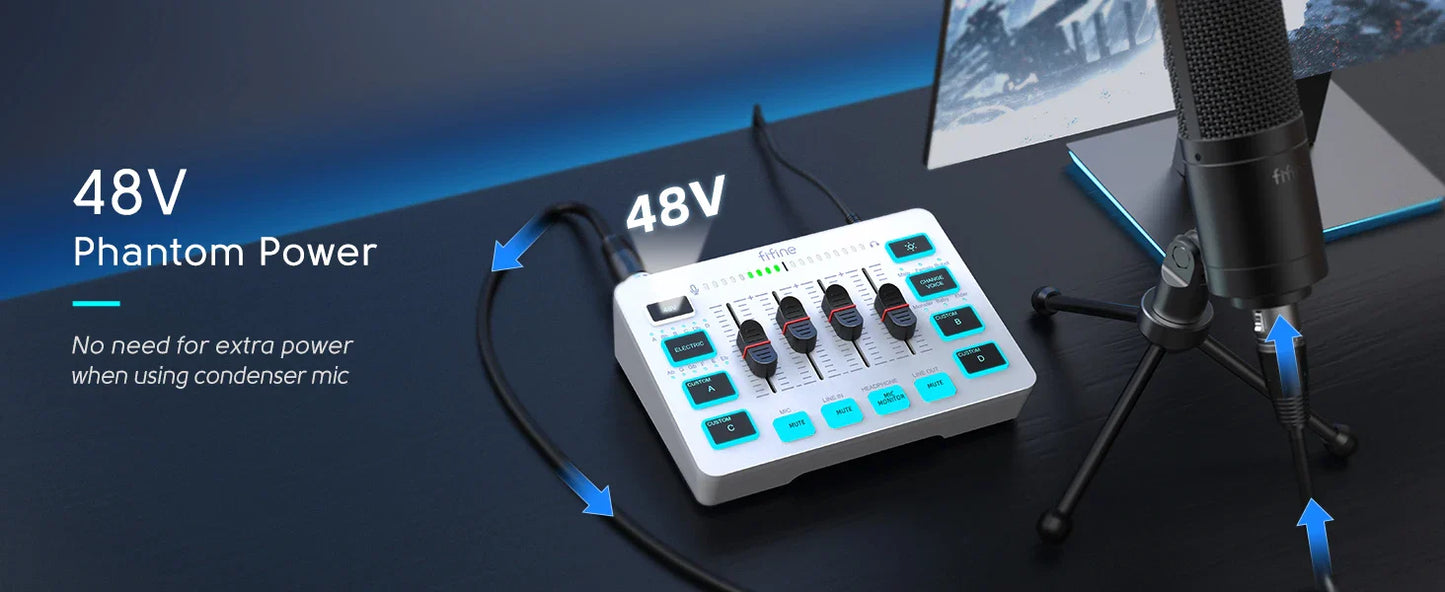FIFINE 4-Channel USB Gaming Mixer with XLR Mic Interface – RGB Sound Mixer for Game, Podcast & Streaming AmpliGame SC3W
