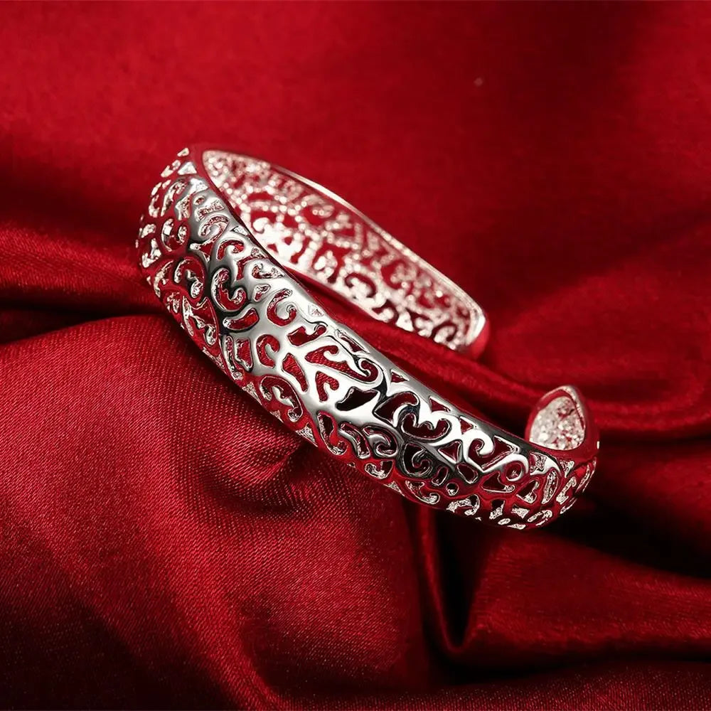 Women’s 925 Sterling Silver Open Cuff Bangle – Adjustable Charm Bracelet for Wedding Party Fashion Jewelry