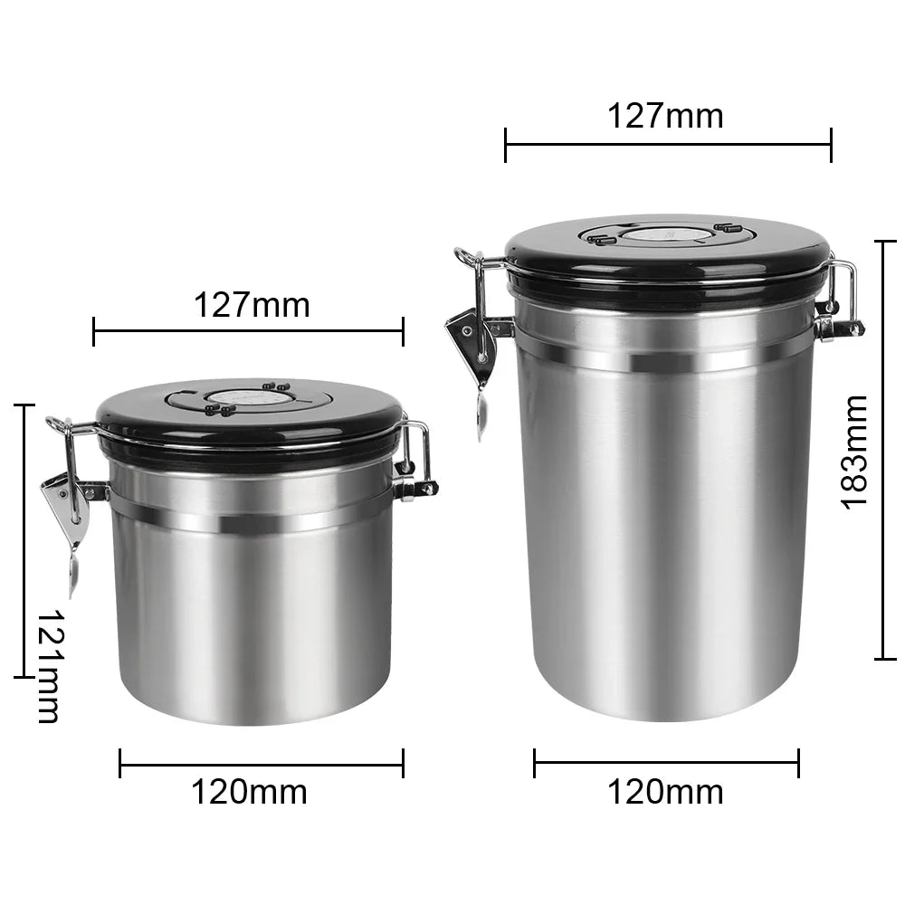 Stainless Steel Coffee Storage Canister — Airtight Lid with CO2 Valve, Premium Container to Preserve Freshness of Coffee Beans