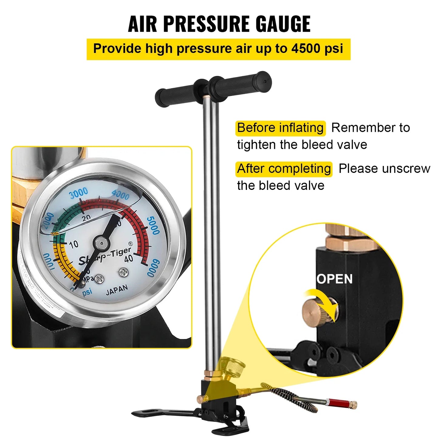 VEVOR 3-Stage High-Pressure Hand Pump — 4500PSI PCP Air Pump with Pressure Gauge for Tires, Kayaks, Balls & Air Guns
