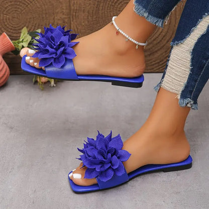 Women's Floral Flat Slippers - Solid Color Open-Toe Summer Beach Slides
