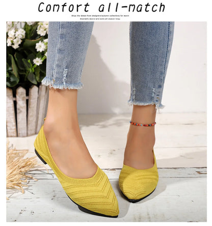 Women’s Solid Color Pointed Toe Knitted Slip-On Flats – Casual Breathable Ballet Loafers