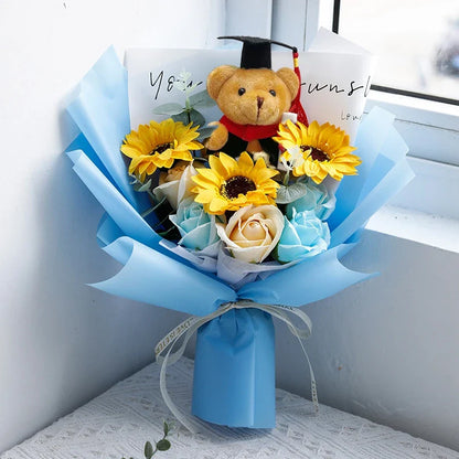 DIY Simulated Flower Bouquet – Crochet Sunflower Finished Product, Graduation, Doctoral, Valentine’s Day & Birthday Gift with Bear