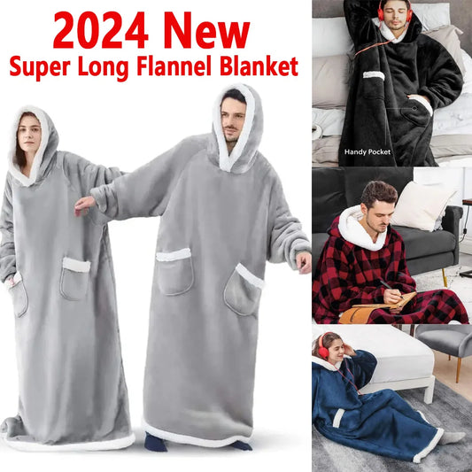 2024 Oversized Flannel Blanket Hoodie – Super Long Fleece Pullover with Sleeves for Winter