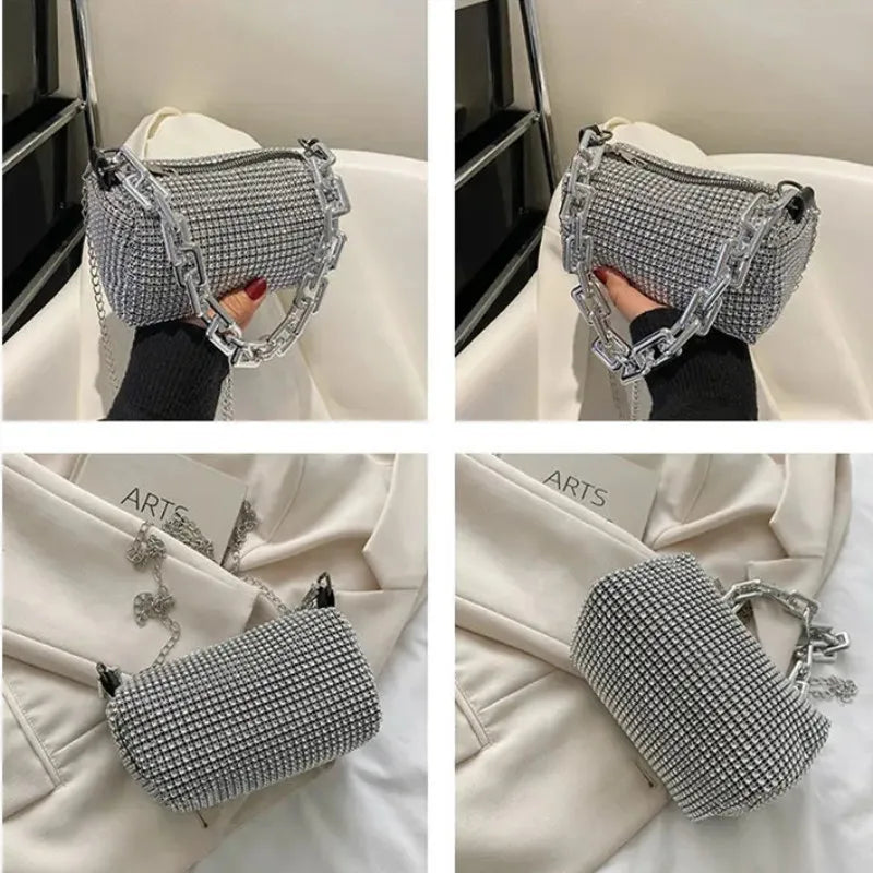 Allover Rhinestone Bucket Bag – Glitter Chain Prom Purse, Women's Mini Crossbody Bag (6.3 x 3.54 Inches)
