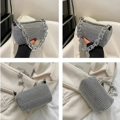 Allover Rhinestone Bucket Bag – Glitter Chain Prom Purse, Women's Mini Crossbody Bag (6.3 x 3.54 Inches)