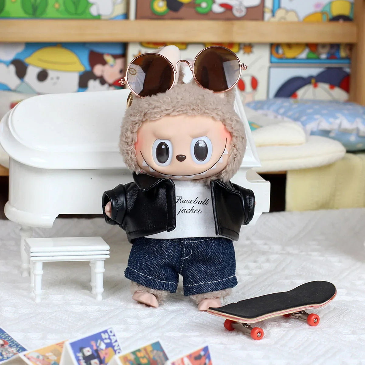 Leather Jacket & Skirt Set — Motorcycle Style Outfit for 17cm Labubu Dolls