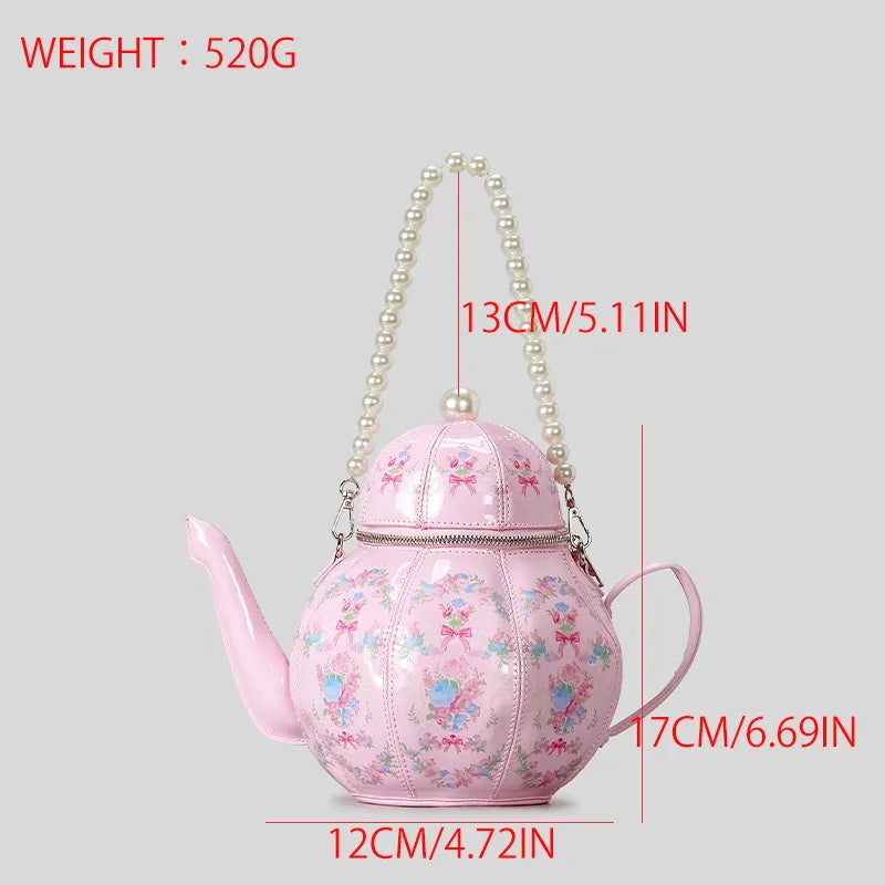 Creative Vintage Printed Teapot Design Women’s Handbag – Pearl Chain Luxury Small Bucket Crossbody Bag