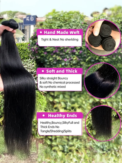 30-34 Inch Bone Straight Human Hair Bundles – Natural Black Remy Unprocessed Virgin Hair Extensions, 3-4 Bundle Deals
