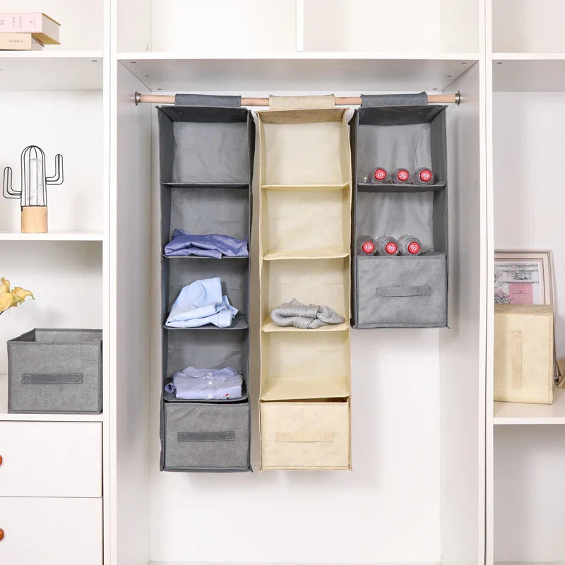 Cotton Linen Hanging Storage Bag with Drawers — Collapsible Wardrobe Organizer Box and Clothes Holder Shelves