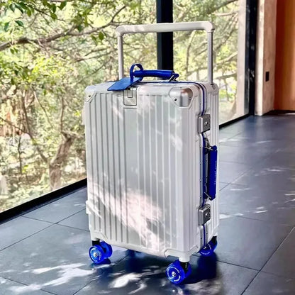 Aluminum Frame Rolling Luggage — Wide Handlebar Trolley Suitcase with Colorful Silent Spinner Wheels, TSA Lock & Large Capacity