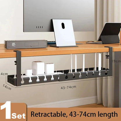 Under Desk Storage Rack – No Drill Metal Cable Management Tray, Retractable Power Strip & Wire Organizer for Home Office Desk Setup