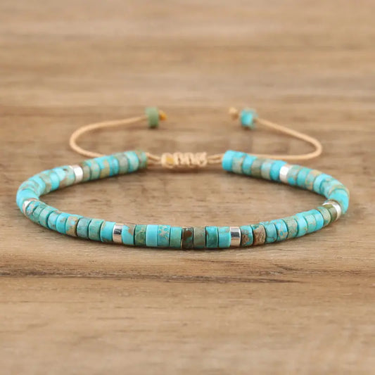 Natural Blue Emperor Stone Beaded Bracelet – Polished Block Beads, Adjustable Woven Rope Women’s Gift Jewelry
