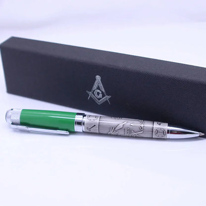 Masonic Silver Ballpoint Pen — Heavyweight Ancient Symbol Writing Pen with Gift Box, Black/Red/Green