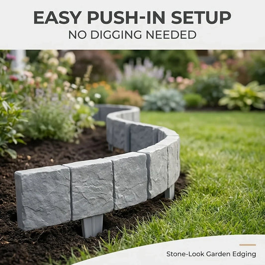 Stone-Look Garden Edging - No-Dig Landscape Border Panels for Flower Beds, Lawns & Pathways