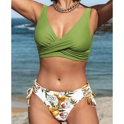 Vintage Printed Bikini Set – Women’s Cross Pleated Backless Lace-Up Push-Up Two-Piece Swimwear 2025 Beach Bathing Suit