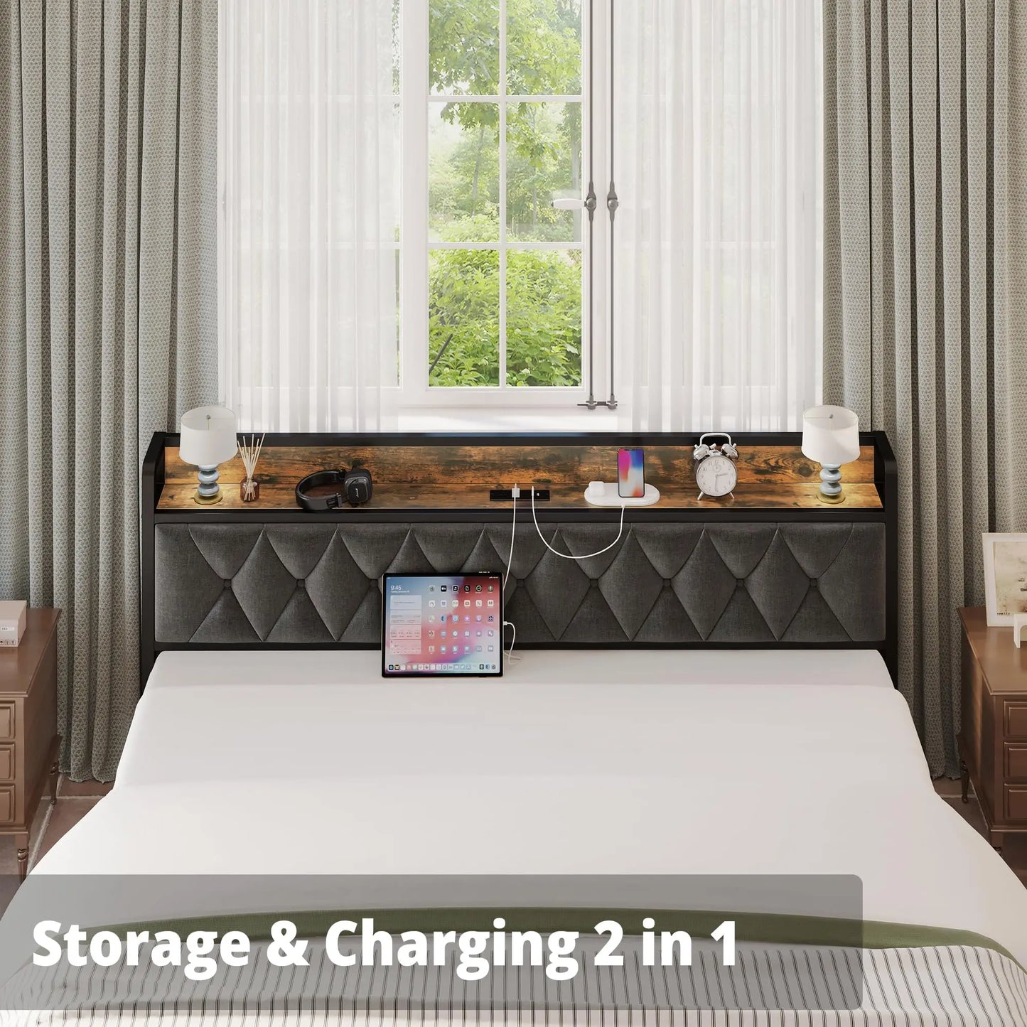 ANCTOR Bed Frame – Twin to California King Sizes, Storage Headboard with Outlets, No Noise, No Box Spring Needed