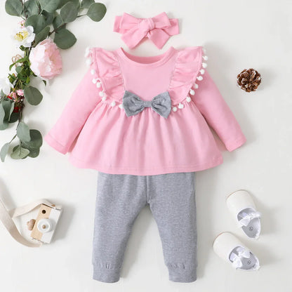 Newborn Baby Girls Clothes Set – Pink Ruffle Top & Heart Print Bow Trousers, Princess Casual Outfit for Infants